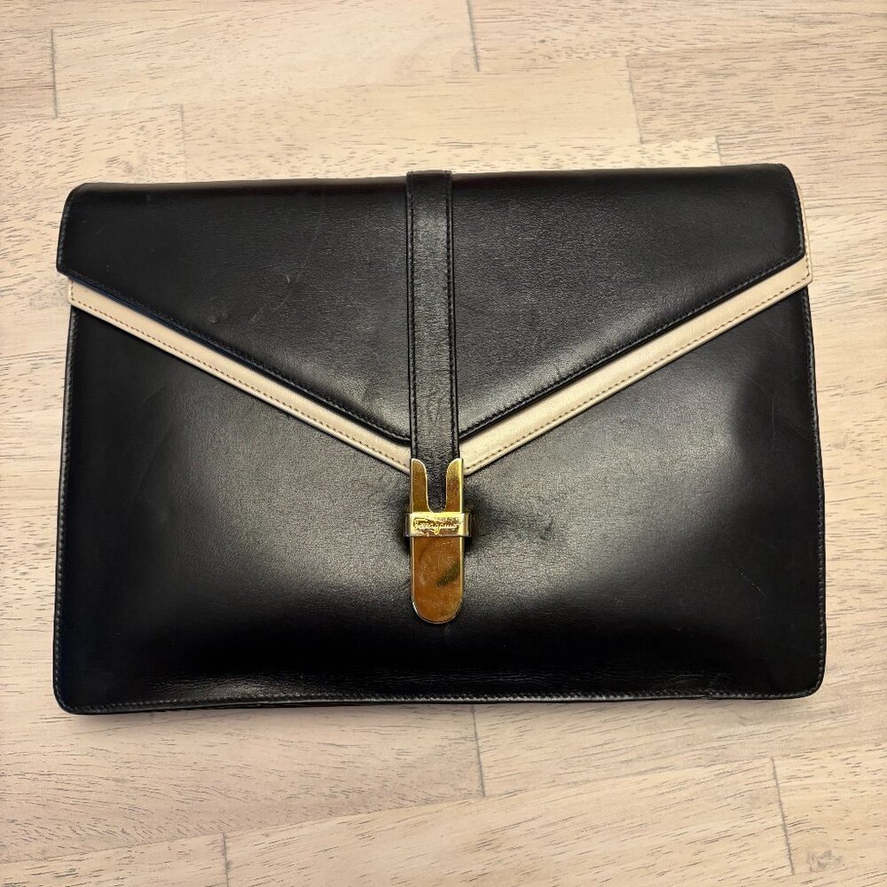 Salvatore Ferragamo Blue and White Leather Clutch